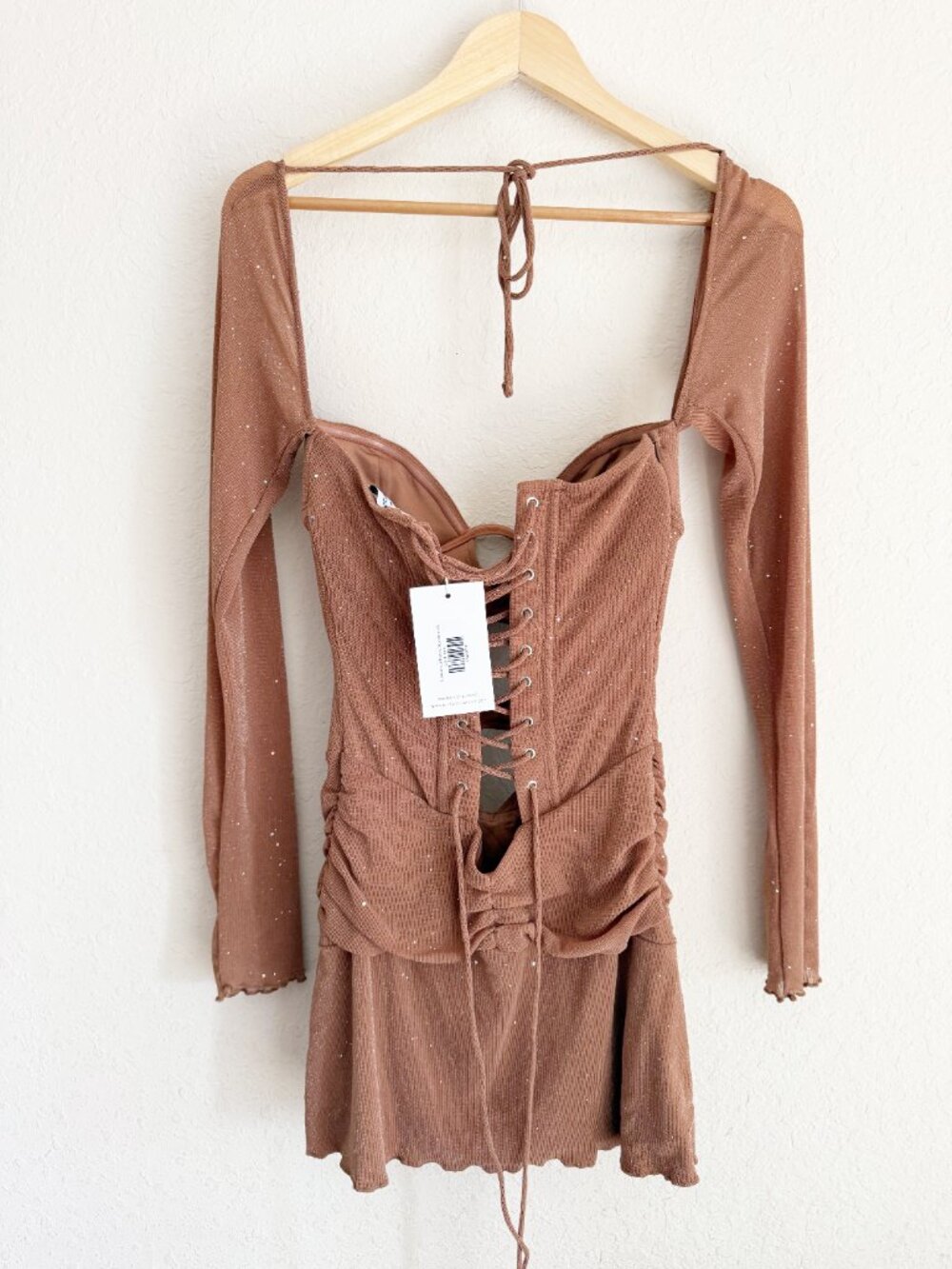 Outcast Aubrey Long Sleeve Mini Dress Tan Sparkle Corset M NWT - Picture 6 of 7